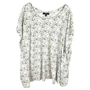 Ellos Plus Size 30W 32W Top 3X Floral Tee White Green Short Sleeve Cotton 180‎